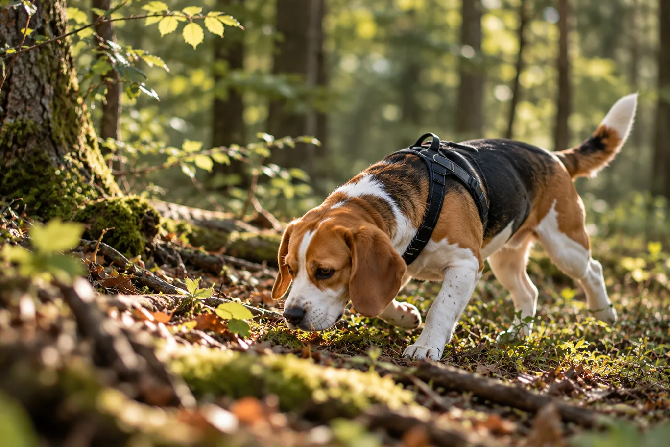 Beagle auf Spurensuche im Wald. Dein Jagdhund – Kurs für artgerechte Beschäftigung mit Hund